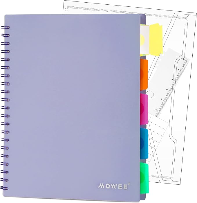 5 Subject Notebook - Spiral Notebook, College Ruled Notebook With Dividers Pocket, Tabs, 11" Ruler, 200 Pages, for Writing Journal, Home & Office, School Supplies, 8.5''x11'' Violet | 200 Pages, 11" Ruler, 8.5"x11" Violet, Pocket Dividers with Tab Labe...