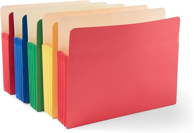 Staples Expanding File Pockets, Letter Size, 3.5‑Inch Expansion, Durable Colored Pockets for Office & School – Assorted Colors, 5/Pack