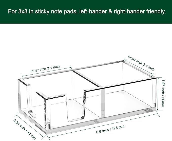 Acrylic Sticky Note Holder, Self-Stick Note Pad Holder W/O Pads - Note Dispenser Memo Pad Holder Desk Organizer for School Office Home (3''x3'' 2IN1 Clear)
