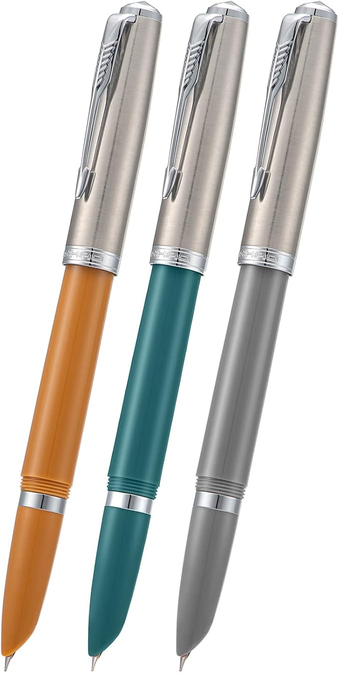 3 Jinhao 86 Fountain Pen Set (Malachite Blue, Khaki and Gray Resin) Extra Fine Nib with Refillable Ink Converter