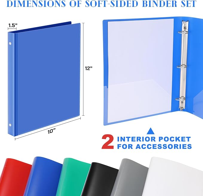Fulmoon 6 Pack Plastic 3 Ring Binder Assorted Colors Economy Flexible Round Ring Presentation Binders with Pocket for Office School Meeting(1.5 Inch,Classic Colors)