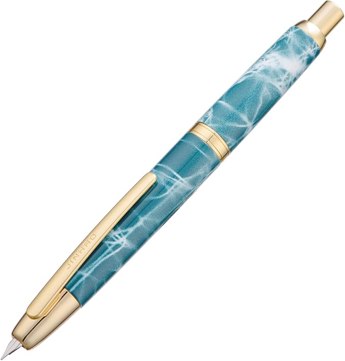 Jinhao 10 Press Fountain Pen with Box, Marble Blue Retractable Extra Fine Nib with Ink Converter Set (Golden Clip)