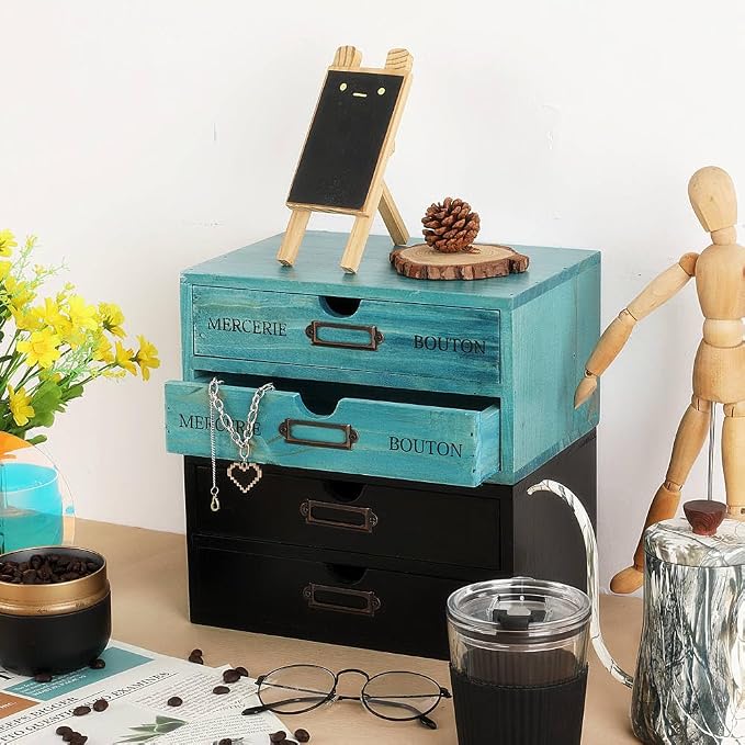 Small Wooden Drawers Wooden Box with Drawer Blue | 2 Drawer Storage Box for Apothecary Cabinet, Apothecary Drawers，Desktop Organizer with Metal Handles for Office，Home
