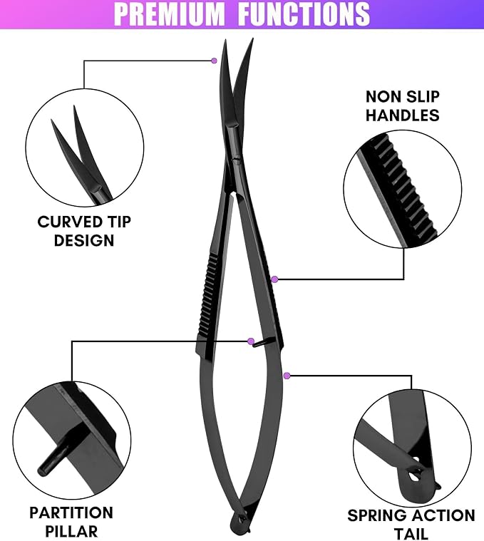 Cross Edge Curved Spring Scissors 5 Inch Stainless Steel Precision Eyebrow & Eyelash Shaping & Trimming Scissor, Snips Squeeze, Embroidery, Knitting Micro Tip Craft Scissors (Black)