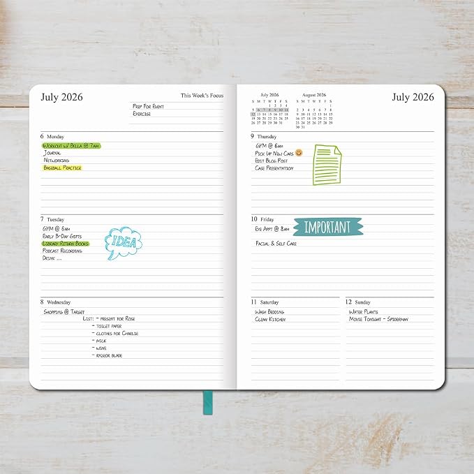 26-27 Academic Planner - Weekly and Monthly Planner, Jul 2026 - Jun 2027, Holidays, Contacts and Notes Pages, Vegan Leather Cover, Elastic Closure, 5.5”x8.25”, Teal
