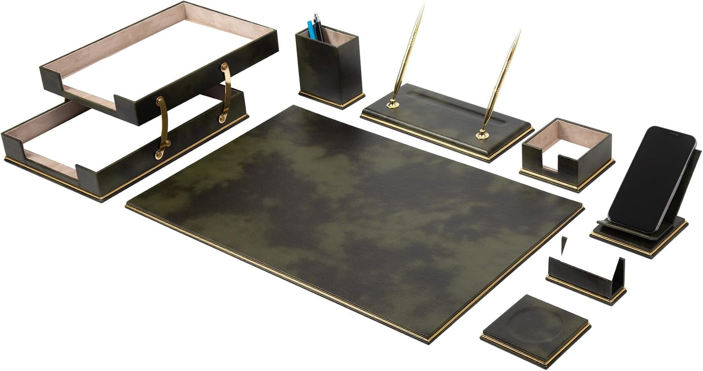 Cloud Luxury Leather Desk Set – 10 Piece Executive Desk Organizer with Desk Pad, Double Document Tray, Pen Holder, Memo Holder, Business Card Holder & Phone Stand – Gold Office Accessories (Green)