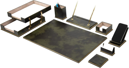 Cloud Luxury Leather Desk Set – 10 Piece Executive Desk Organizer with Desk Pad, Double Document Tray, Pen Holder, Memo Holder, Business Card Holder & Phone Stand – Gold Office Accessories (Green)