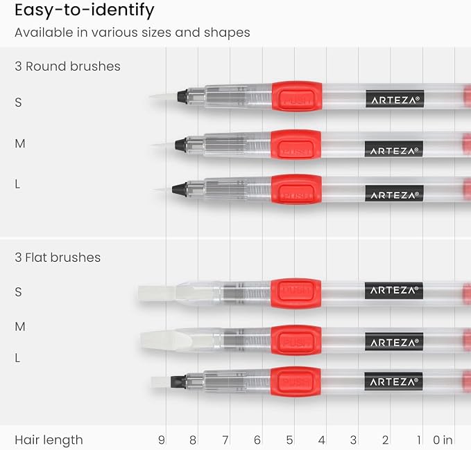 Arteza Water Brush Pens, Set of 6, with Assorted Soft Nylon Bristle Tip Sizes, Self-Moistening Water Color Paint Pens for Aquarelle, Ink, and Watercolor Painting