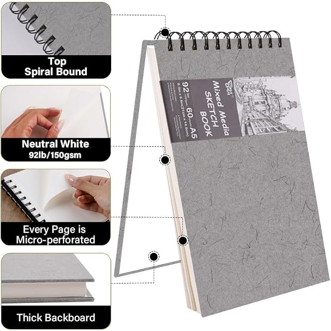 5.8" x 8.3" Mixed Media Sketch Book,Spiral Bound Hardcover Sketchbook,60 Sheets 92lb/150gsm Neutral White Acid Free Paper,Art Journal Sketchbook for Drawing Writing Sketching Illustration,Silver Gray