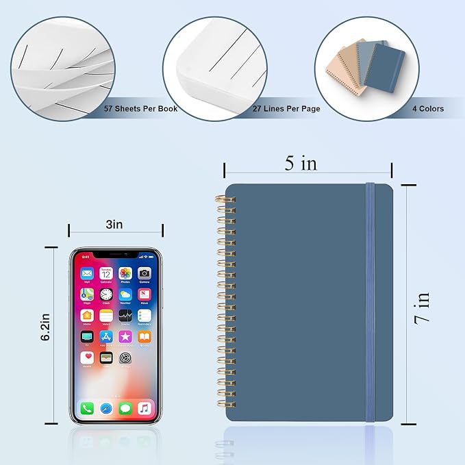 4 PCS Small Spiral Notebook 5x7, Spiral Journal Notebook, Notebooks for Work, School, Small Notebooks 5x7 with Strap, Cute Notebooks for Women 50 Sheets (Blue)