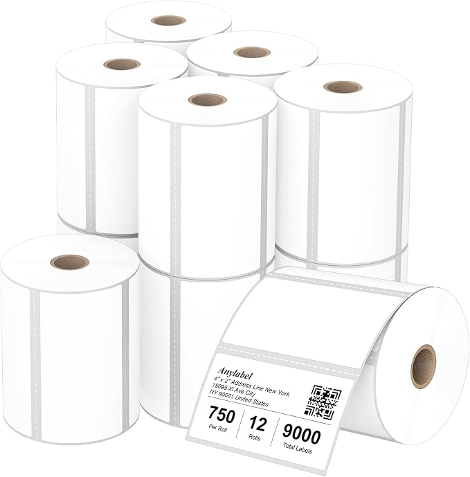 Compatible 4" x 2" Direct Thermal Labels Replacement for Barcodes Postage Address Shipping Compatible with Rollo & Zebra Desktop Printers Adhesive & Perforated (12 Rolls, 750 Labels/Roll)