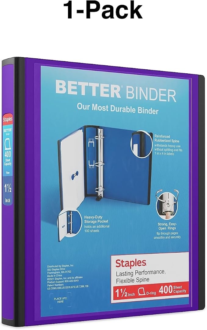 Staples Better Binder, 1.5" Heavy‑Duty D‑Ring 3‑Ring Binder, Purple, Reinforced Spine, Holds 400 Sheets, Reliable Organizer for Classes, Office & Projects, 3‑Pack