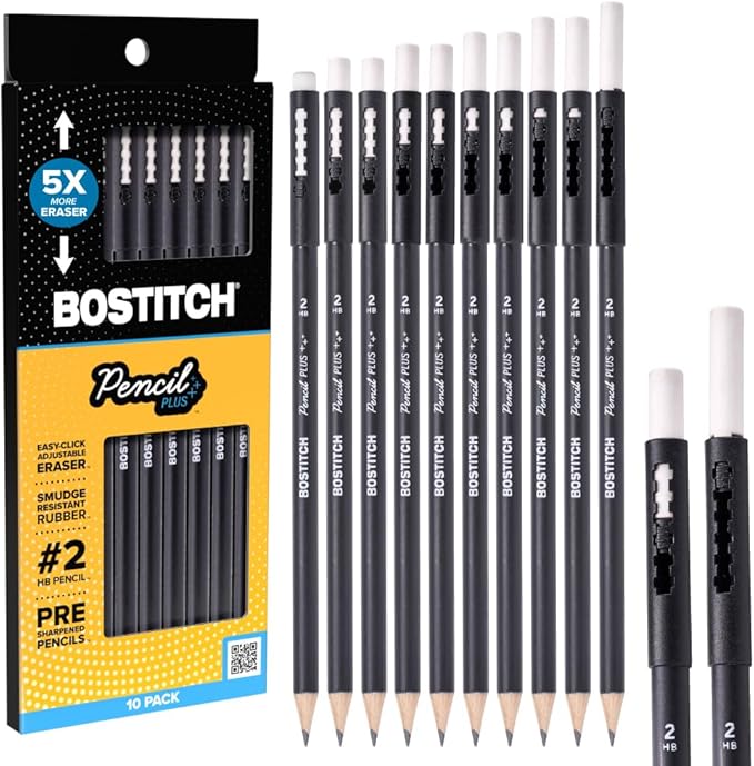 Bostitch, Wood-Cased Pencil Plus, Retractable Eraser, American Cedar Wood, #2 HB, Round, Matte Black, Pre-sharpened, Ten Pack