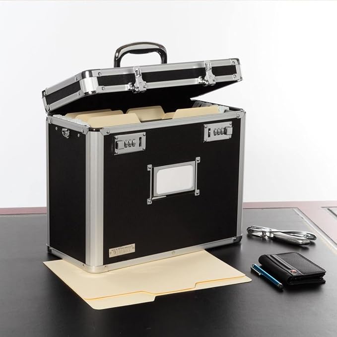 Vaultz File Organizer Storage Box - 14 x 7 x 12.19 Inch Letter Size, Portable Locking Storage Totes with Dual Combination Locks for Filing Office Documents - Black | Locking storage tote with dual combination locks, keeps office documents secure and or...