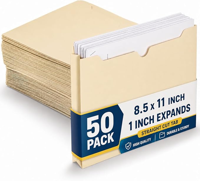 1InTheOffice File Jacket Folders, Manila, Letter Size, Reinforced Straight-Cut Tab, 1" Expansion, 50 Pack