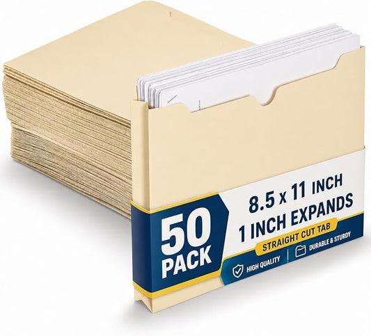 1InTheOffice File Jacket Folders, Manila, Letter Size, Reinforced Straight-Cut Tab, 1" Expansion, 50 Pack
