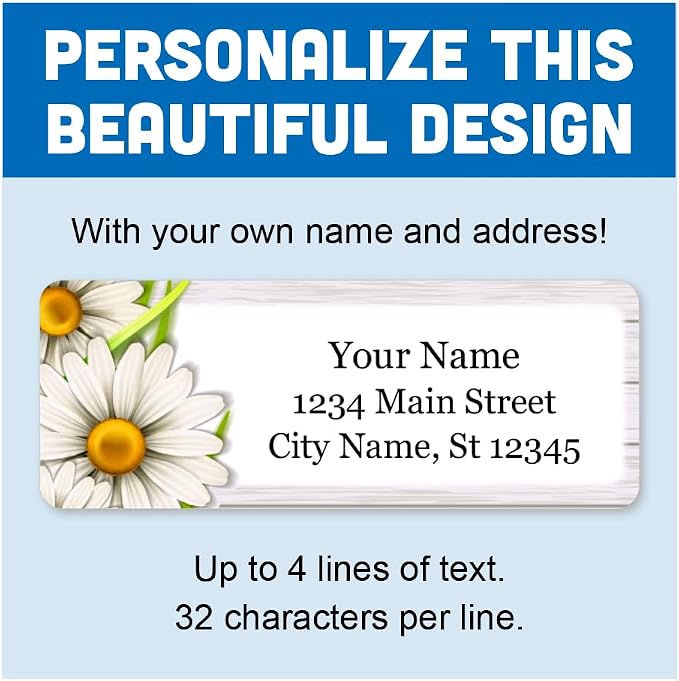 Personalized Return Address Labels - Charming Daisies Flowers - 60-1000 Custom Self-Adhesive Stickers