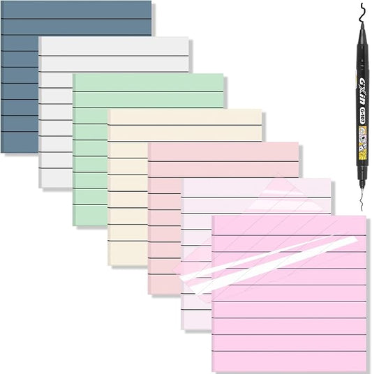 3x3inch Transparent Sticky Notes with Lines, MEIGAONE 7 Pack Lined Sticky Notes Super Strong Adhesion, Waterproof Clear Sticky Note for Study, Book,Office,School Supplies