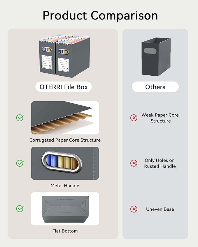 Oterri File Organizer Box, Portable Collapsible Cardboard File Folder Organizer with Handle for Letter Size Hanging Files, Document Storage Box for Home Office & Classroom (4 Packs, Dark Grey)