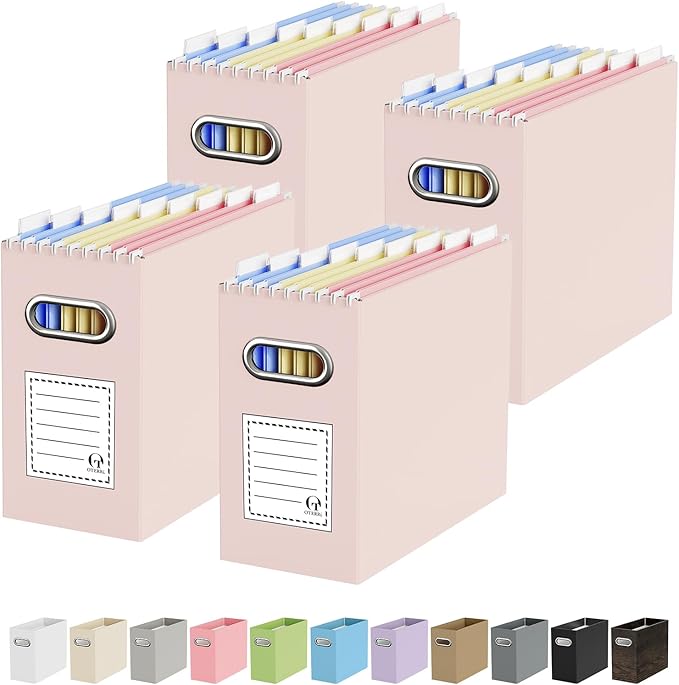 Oterri File Organizer Box, Portable Collapsible Cardboard File Folder Organizer with Handle for Letter Size Hanging Files, Document Storage Box for Home Office & Classroom (4 Packs, Light Pink)
