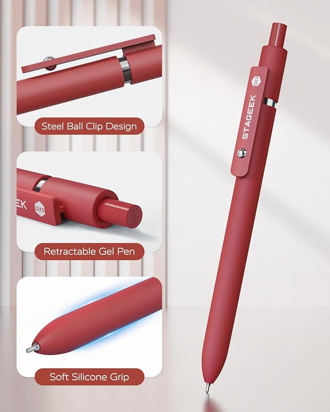 STAGEEK Red Gel Pens GX3, 6Pcs Quick Dry Red Ink Pens with 3 Extra Refills, Fine Point Retractable Smooth Writing Pens for Journaling, Note Taking, School Supplies, Nurse Aesthetic, Office(Red)