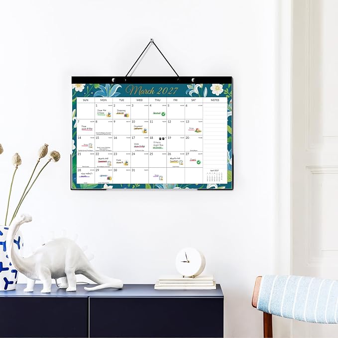 SUNEE Desk Calendar 2027 - 17" x 12" Desk Pad Calendar, 18-Month Monthly Planner Oct. 2026 - Mar. 2028, Desktop Calendar with 308 Planner Stickers, Plastic Protective Corners for Office, School and Home, Floar