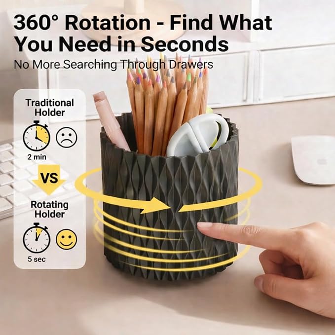 Black Pen Holder for Desk, 360° Rotating Pencil Organizer, 5 Slots | Spinning multi-use organizer for pens, makeup brushes, art supplies, markers - desk caddy for office