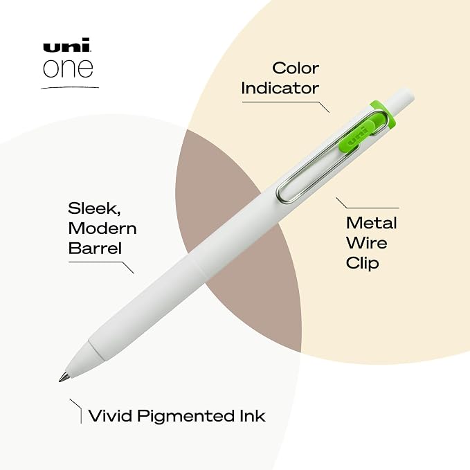 uniball™ one Gel Pens, Medium Point (0.7mm), Assorted Ink, 5 Pack | Ink stays on top of paper fibers for crisp vivid lines, wire pocket clip, color indicator top, smooth barrel & rubber grip