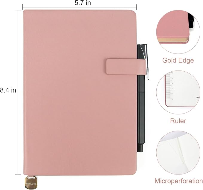 Hardcover Leather Journal Notebook A5 Lined 212 Pages 5x8.25 Inches Gold Edged Pages with Strap Closure Travel Work School Writing Journaling Notebooks for Women Men Gift Box Packaging Pink
