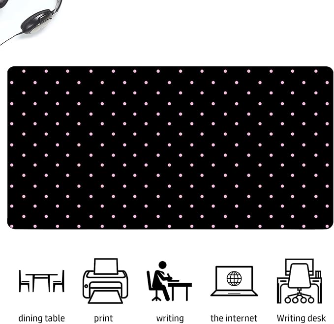 Pink Polka Dot Leather Desk Mat Extended Gaming Mouse Pad | Non-slip Large Writing Pad Laptop Blotter Computer Keyboard Mat | Cute Black Desk Protector for Home Office 23.6" x 11.8"