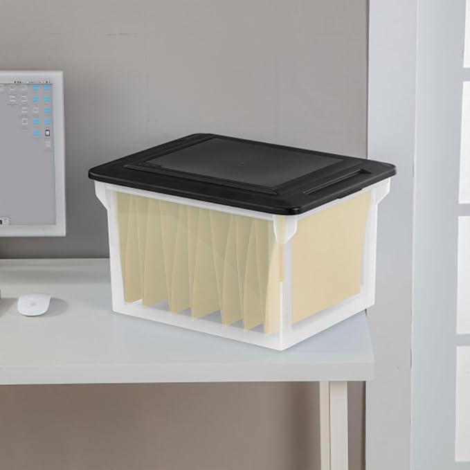 Sterilite File Box, Stackable Storage Bin with Lid, Organize Receipts, Bills, Taxes and Papers in the Home, Office, Clear Base with Black Lid, 16-Pack
