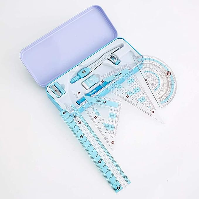 8 Pcs Compass/Math Set for Students with Shatterproof Storage Box, Geometry Set for School, Includes Ruler, Protractor, Compass, Pencil,Pencil Sharpener and Eraser,etc. Perfect Gift