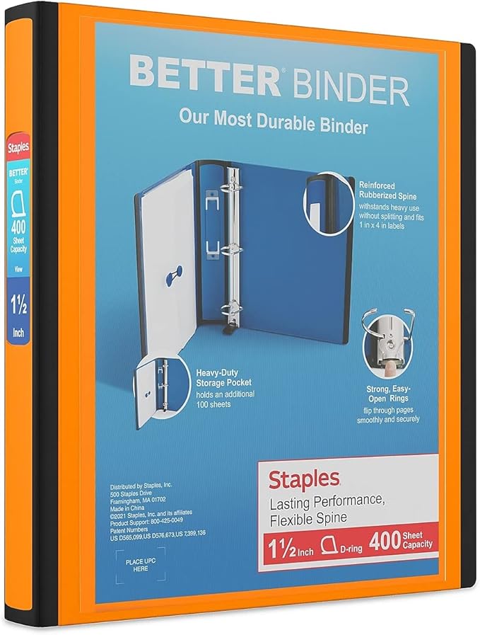 Staples Better Binder 1.5-Inch D-Ring View Binder, Reinforced Spine, Holds Up to 350 Sheets, Orange, for Office & School