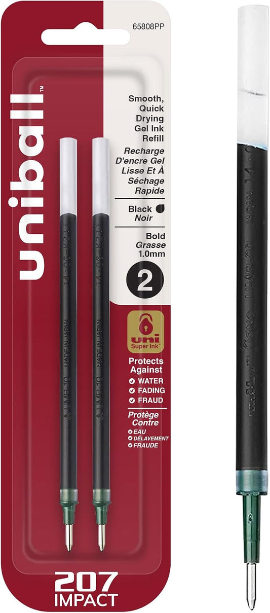 Uniball 207 Impact Gel Pen Refills, Bold Point (1.0mm), Black Ink, 2 Pack