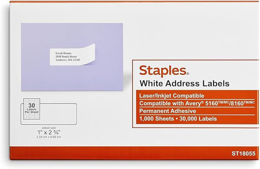 Staples Address Labels, 1" x 2‑5/8", White, Laser/Inkjet Compatible, Easy‑Peel, Permanent Adhesive, 30 Labels/Sheet, Bulk 60,000/Carton