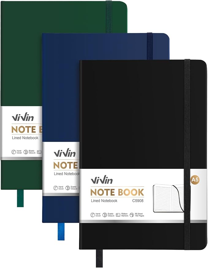 ViVin Lined Journal Notebooks,3 Pack,192 Pages,Medium 5.5 x 8.3 inch,College Ruled,A5 Hardcover Notebooks,Journaling Notebooks for Professional Office Work,Writing, School