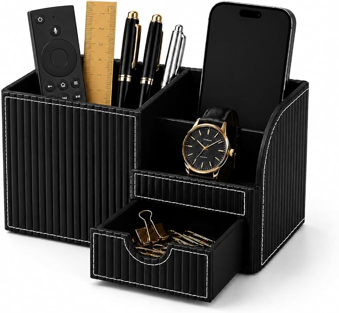 KINGFOM Executive Leather Desk Organizer with Drawer, Modern Black Desk Accessories for Men, Premium Office Desk Organizer with Pen Holder & Storage Compartments for Home Office