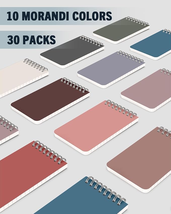 Dynta Small Top Spiral Notebooks Bulk 3x5 Inch, 30 Packs Pocket Notepad, Mini Pads 10 Morandi Colored, Memo Notepads for Home, School, College, Office, Work, Travel, 60 Sheets/120 Pages