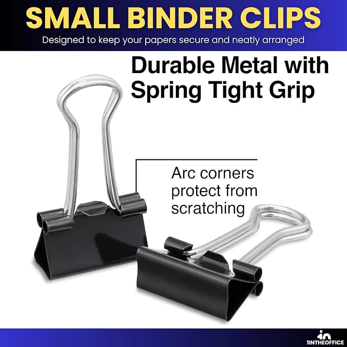 1InTheOffice Small Binder Clips, Paper Clamps, 38" Capacity, Black, 144 Pack