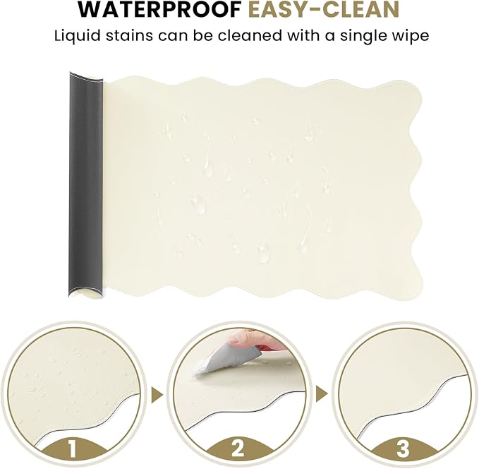 PU Leather Desk Pad, Scalloped Non-Slip Mouse Pad & Large Desk Mat Cover Stitched Edges Writing Pad for Office, Home - Waterproof, Easy to Clean, Durable Surface I 31.4"x15.7", Off-White