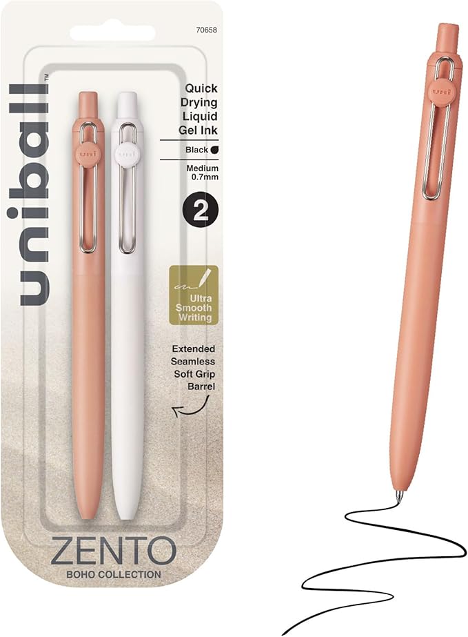 uniball™ Zento Gel Pens, Black Ink, 0.7mm Medium Point, Retractable, 2 Count, Smooth Writing, Quick-Drying, No Smear, No Bleed, Boho Barrel Colors