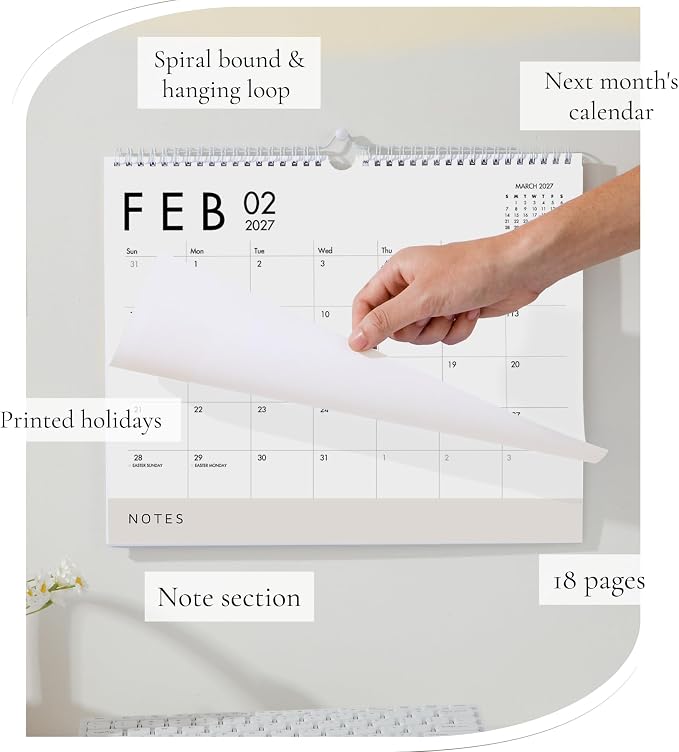 Horizontal Wall Calendar 2026-2027, 18 Months Hanging Calendar (January 2026 - June 2027) Modern White Design with Beige Notes Section 11x13.5 Inches
