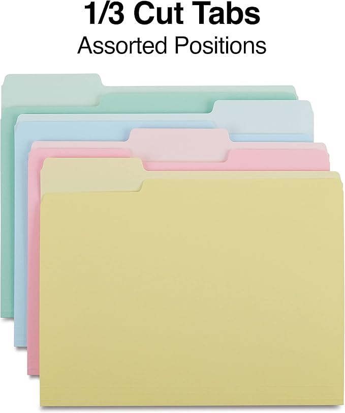 Staples File Folder, Letter Size, 1/3‑Cut Tabs, Assorted Pastel Colors, Durable Paper Stock, 200/Carton
