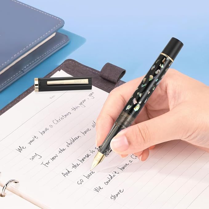Jinhao 58 Fountain Pen - Natural Sea Shell Inlay Fine Nib Writing Pen with 3.4mm Ink Converter & Silver Metal Gift Box,Matte Black