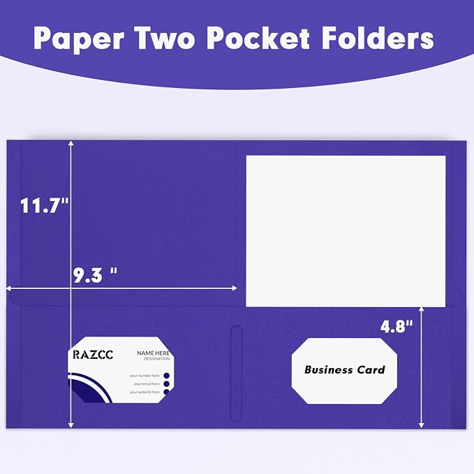 Two Pocket Folders, RAZCC 50 Pack 2 Pocket Folders Fit Letter Size Paper, Paper Folders with Pockets for School Office Business Home (Purple)