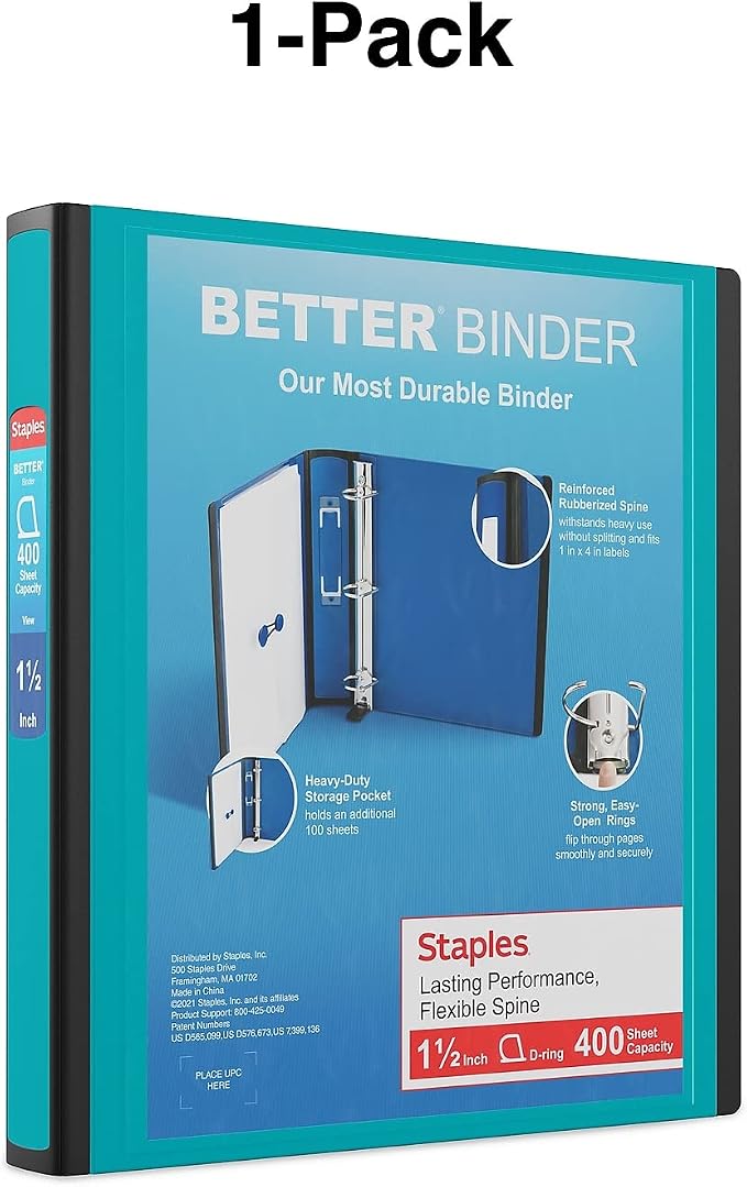 Staples Better Binder 1.5-Inch D-Ring View Binder, Reinforced Spine, Holds Up to 350 Sheets, Teal, for Office & School