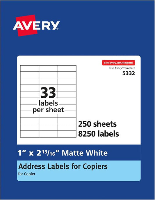 Avery Address Labels for Copiers, 1" x 2-13/16", 8,250 White Labels (5332)
