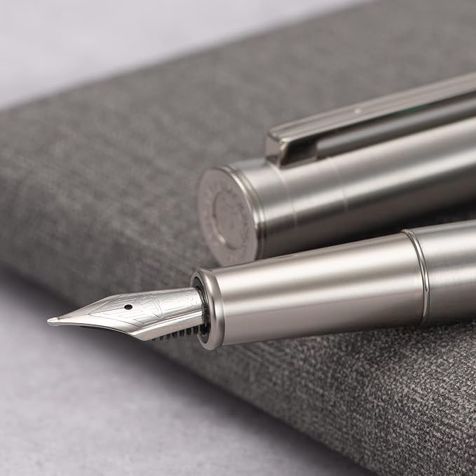 HONG DIAN 1861 Fountain Pen, Long Blade Nib, Silver Stainless Steel Design with Converter and Metal Pen Case Set