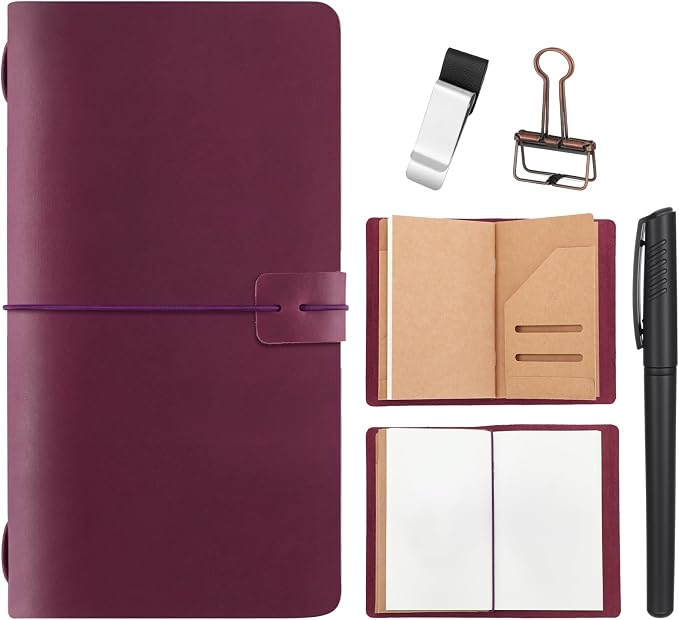 Thenshop Travelers Refillable Purple Leather Journal Notebook Travel Diary Stand Size Handmade Travelers Journal for Men and Women with 3 Notebook Inserts, Pen Holder, Binder Clip