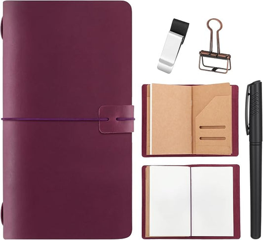 Thenshop Travelers Refillable Purple Leather Journal Notebook Travel Diary Stand Size Handmade Travelers Journal for Men and Women with 3 Notebook Inserts, Pen Holder, Binder Clip